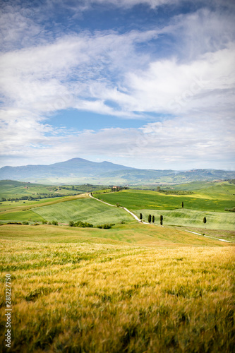 Terrapille farmhouse and road. Pienza, Tuscany, Italy.