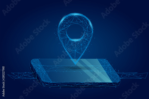 Abstract mash line and point GPS pin on mobile screen. Abstract Low-poly wireframe vector traveling illustration. Starry sky and cosmos style. Maps and navigator services.