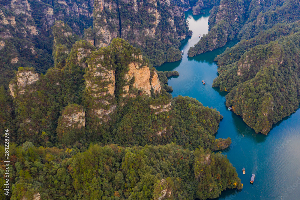 Spectacular view from the air of BaoFeng lake in Zhangjiajie