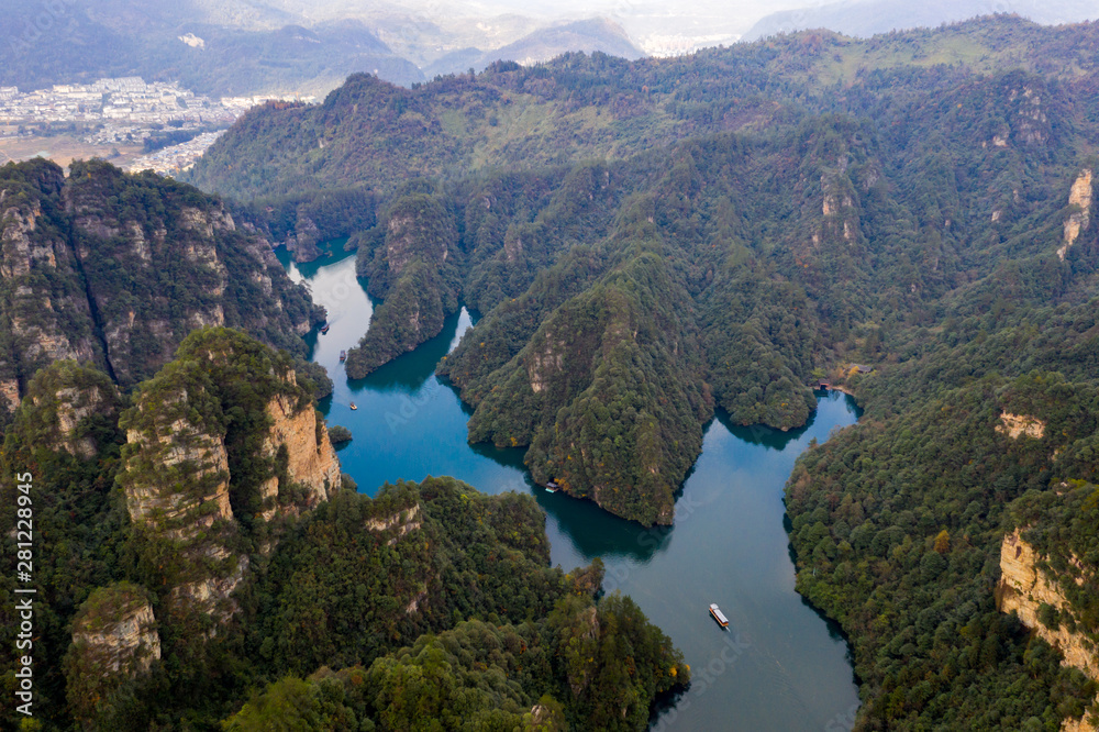 Beautiful scenery of lake and mountains in Zhangjiajie, China