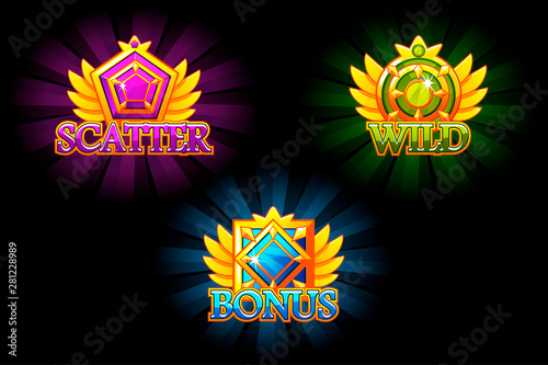Slot icons. Bonus, scatter and wild. Vector Colorful jewelry stones. Awards with gems. Game asset for casino and UI on separate layers