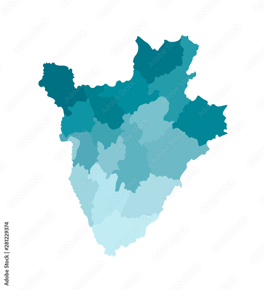 Vector isolated illustration of simplified administrative map of Burundi. Borders of the provinces (regions). Colorful blue khaki silhouettes