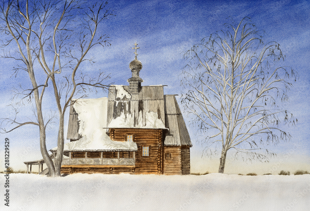 Winter landscape with old wooden church