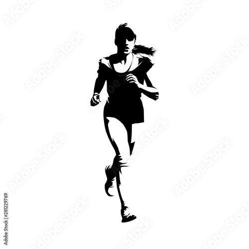 Running teen girl, front view, isolated vector ink drawing silhouette. Running people