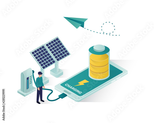 solar panel energy isometric illustration, renewable energy using solar panel to charging a mobile or smart phone isometric vector illustration photo