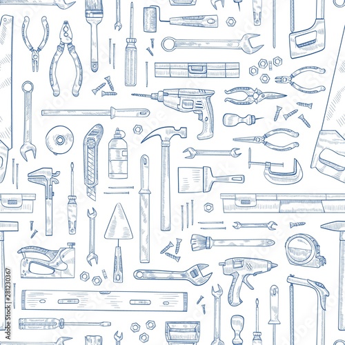 Monochrome seamless pattern with manual and powered household tools for woodworking. Backdrop with equipment for home repair hand drawn with contour lines on white background. Vector illustration.