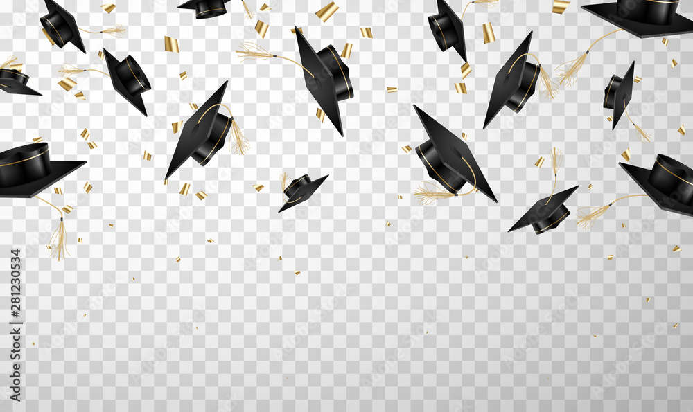 Flying graduation cap set, tossing with confetti Stock Vector | Adobe Stock