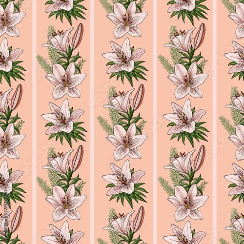 Seamless background with cute lilies on the light orange background.
