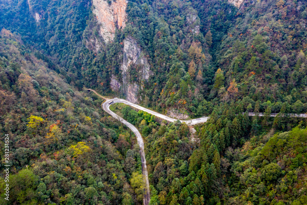 Beautiful aerial view of curvy road and mountains in Zhangjiajie Beautiful aerial view of curvy road and mountains in Zhangjiajie