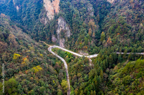 Beautiful aerial view of curvy road and mountains in Zhangjiajie