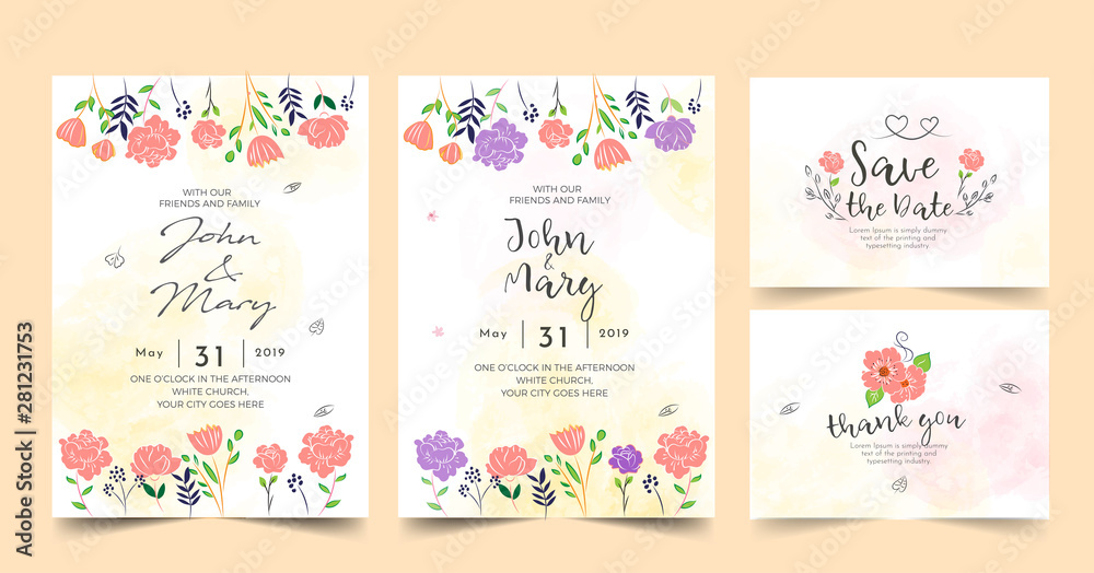 Wedding Invitation, floral invite thank you, rsvp modern card Design. 