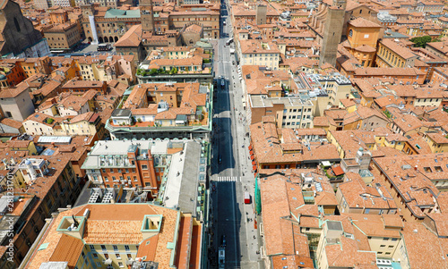 Bologna aerial cityscape of old town from the tower with Rizzoli street foreground, italian medieval landscape photo