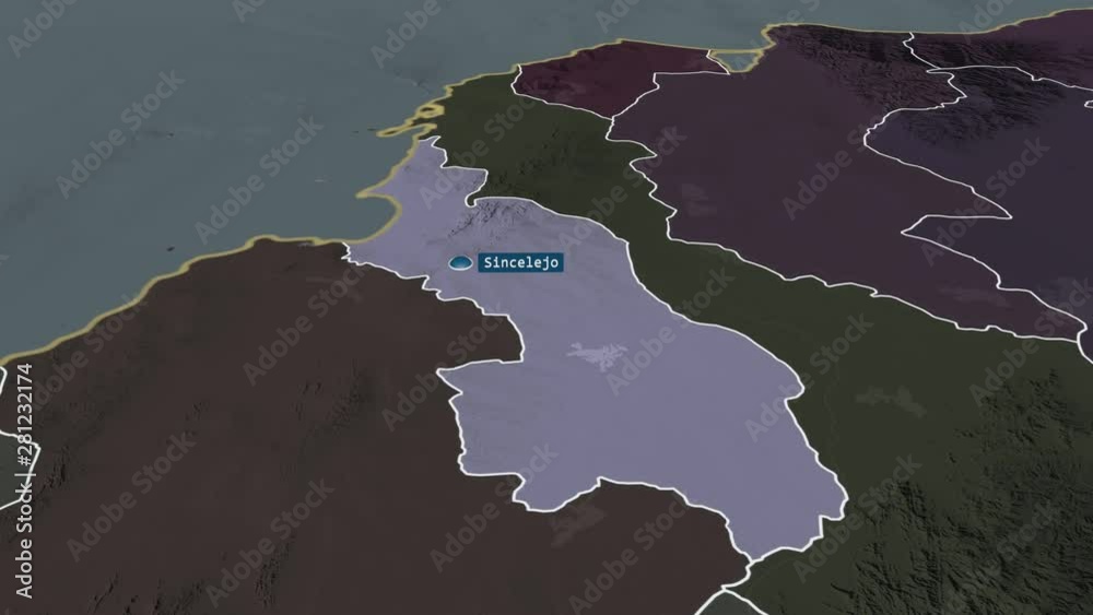 Sucre - department of Colombia with its capital zoomed on the administrative map of the globe. Animation 3D Sucre - department of Colombia with its capital zoomed on the administrative map of the globe. Animation 3D