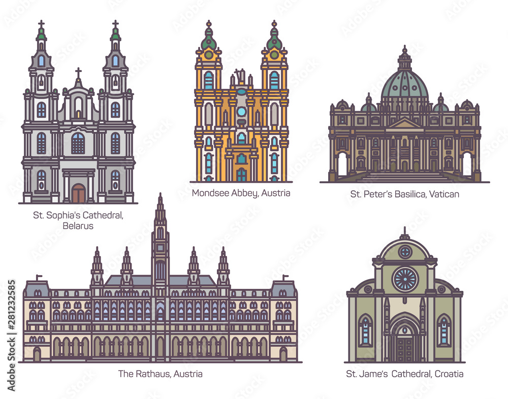 Set of cathedral line architecture in color