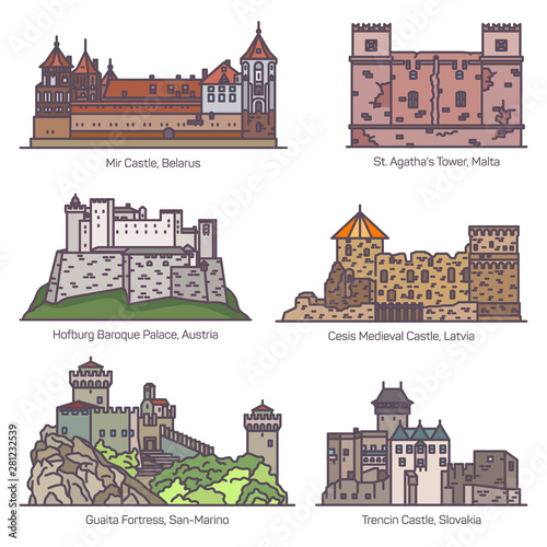 Architecture castle, fort buildings in thin line photo