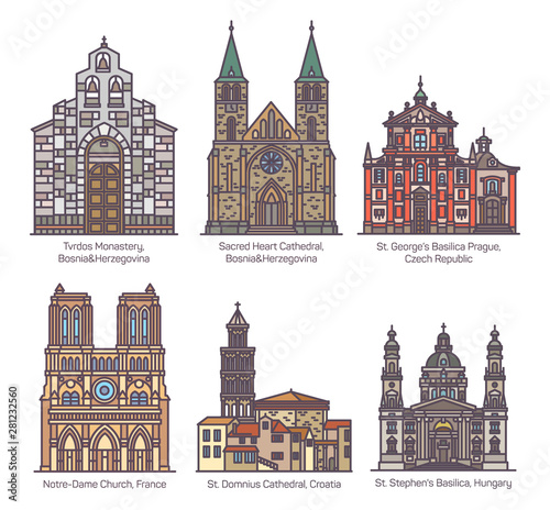 Set of color isolated cathedrals, line church photo