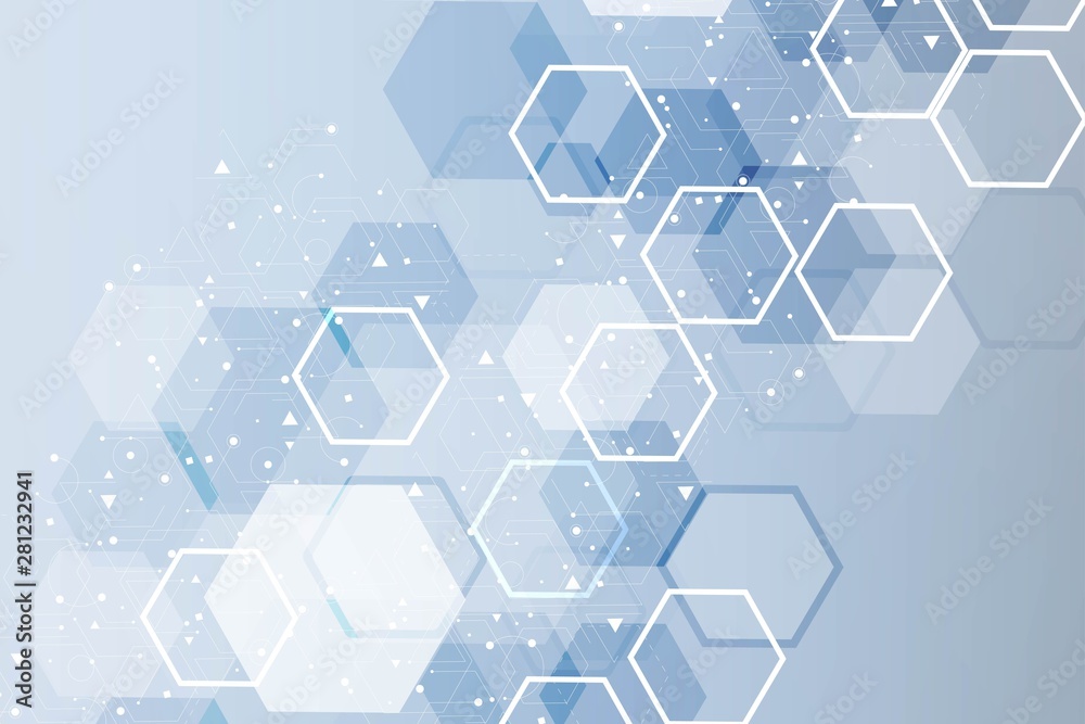 Modern futuristic background of the scientific hexagonal pattern. Virtual abstract background with particle, molecule structure for medical, technology, chemistry, science. Social network vector Modern futuristic background of the scientific hexagonal pattern. Virtual abstract background with particle, molecule structure for medical, technology, chemistry, science. Social network vector