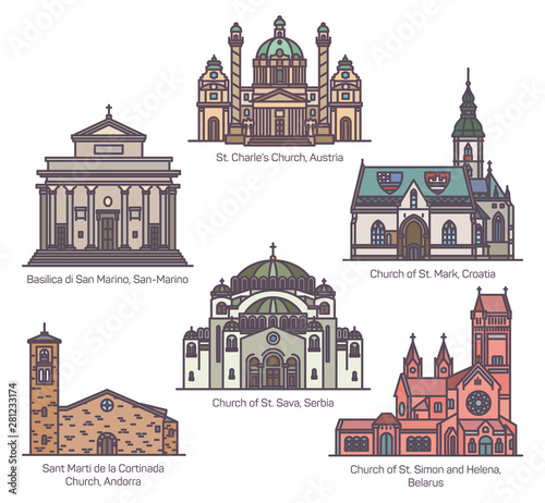Set of Religion churches in thin line