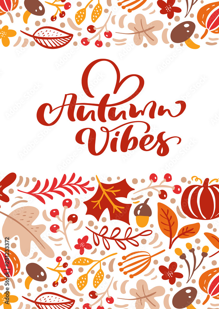 greeting card with text Autumn Vibes. Orange leaves of maple, september, october or november foliage, oak and birch tree, fall nature season poster or banner design greeting card with text Autumn Vibes. Orange leaves of maple, september, october or november foliage, oak and birch tree, fall nature season poster or banner design