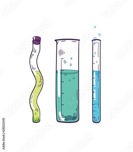 Detailed drawing of test tubes with colorful fizzy liquid reagents isolated on white background. Laboratory glassware for scientific experiments. Elegant hand drawn realistic vector illustration.