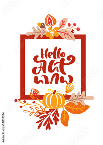 greeting card with frame and red text Hello Autumn. Orange leaves of maple, september, october or november foliage, oak and birch tree, fall nature season poster or banner design