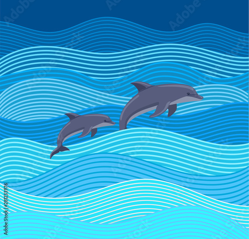 Vector illustration  two dolphins jumping over the waves in the sea