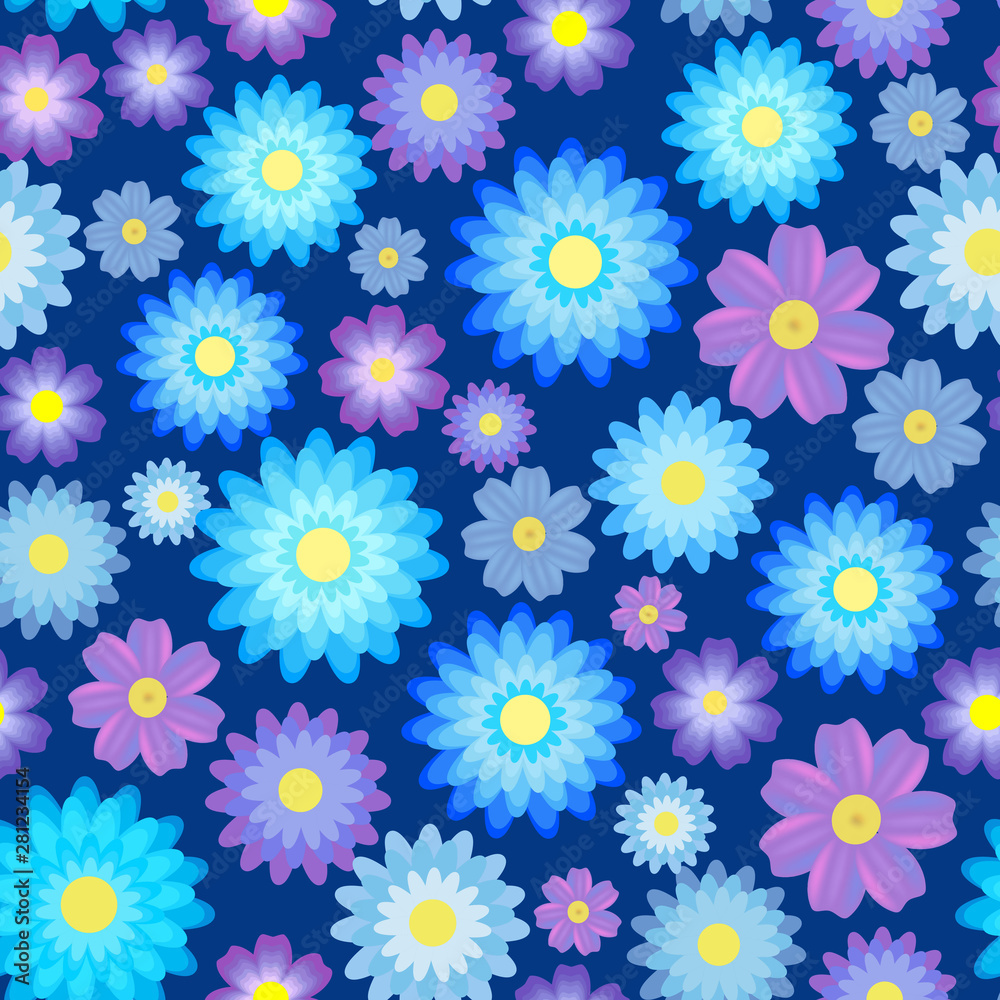 Seamless pattern, blue and violet flowers on a dark blue background Seamless pattern, blue and violet flowers on a dark blue background