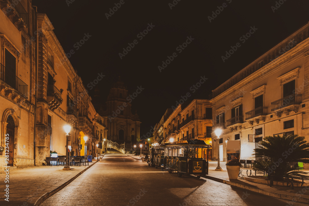 Duomo of Ragusa Ibla and view of the San Giorgio Cathedral at night in Sicily, south Italy