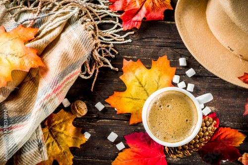 Autumn composition concept background. Cappuccino coffee or hot chocolate cup, with autumn bright leaves, pine cones, marshmallows. Flatlay on wooden rustic background, simple top view pattern