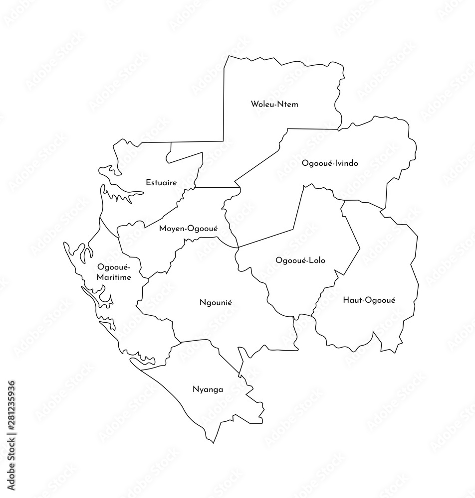 Vector isolated illustration of simplified administrative map of Gabon. Borders and names of the provinces (regions). Black line silhouettes