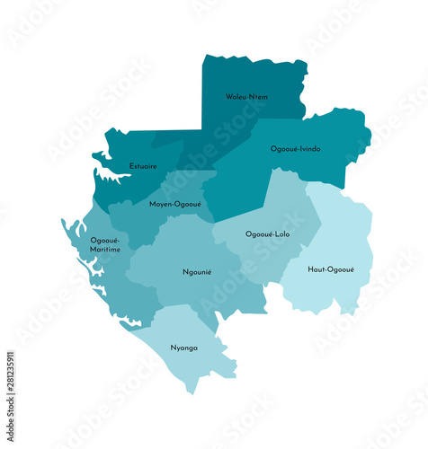 Vector isolated illustration of simplified administrative map of Gabon. Borders and names of the provinces (regions). Colorful blue khaki silhouettes photo