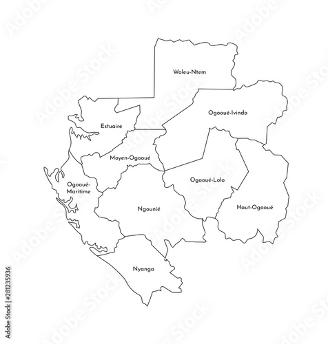Vector isolated illustration of simplified administrative map of Gabon. Borders and names of the provinces  regions . Black line silhouettes
