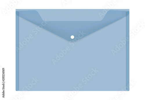 Clear plastic envelope folder with snap button isolated on white background, vector illustration. Transparent file holder, realistic mockup