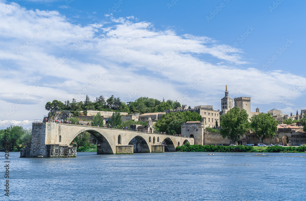 Avignon Bridge with Popes Palace and Rhone river