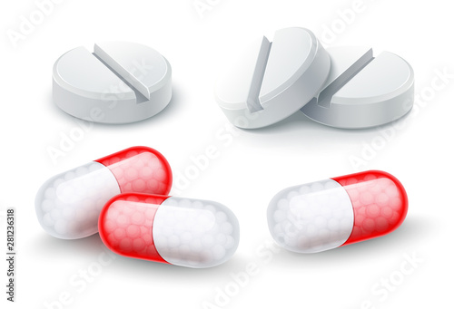 Set of medical pills, capsules and drugs for cure of illness and healthy life. Treatment medicaments isolated on white background. Eps10 vector illustration.