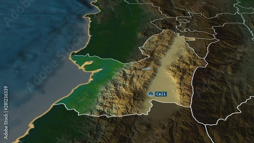 Valle del Cauca - department of Colombia with its capital zoomed on the physical map of the globe. Animation 3D