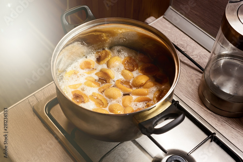 Boiled Apricot in a Metal Pan Cooking Homemade Apricot Jam Process of Preparing Fruit Jam