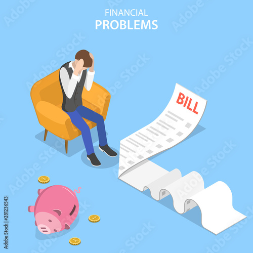 Isometric flat vector concept of financial problems, business crisis and bankruptcy, upaid loan debt.
