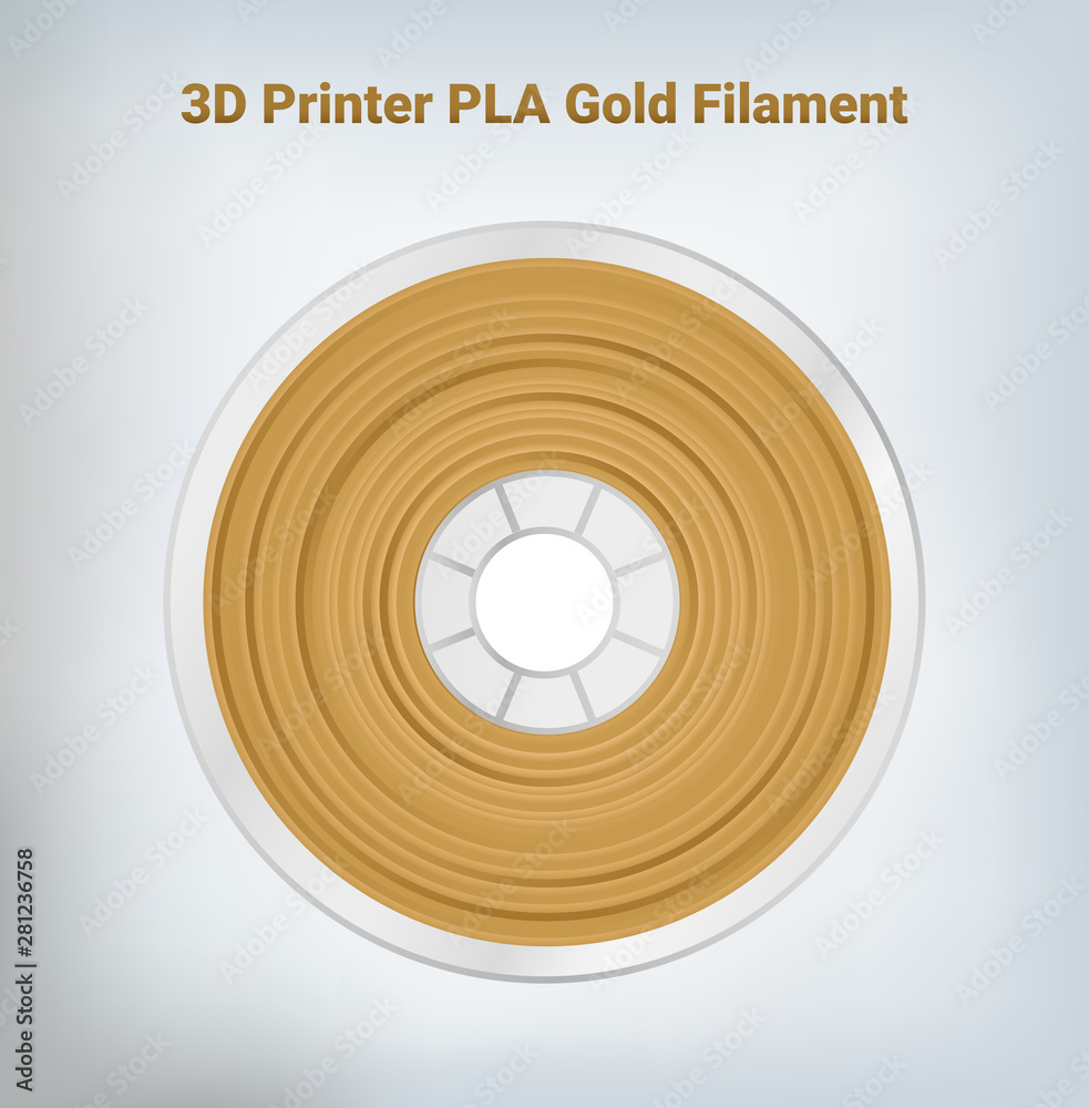 Vector illustration of special  glittering composite pla or abs gold filament for 3D printing wounded on the spool. Plastic gold special material for a 3D printer.  - obrazy, fototapety, plakaty 