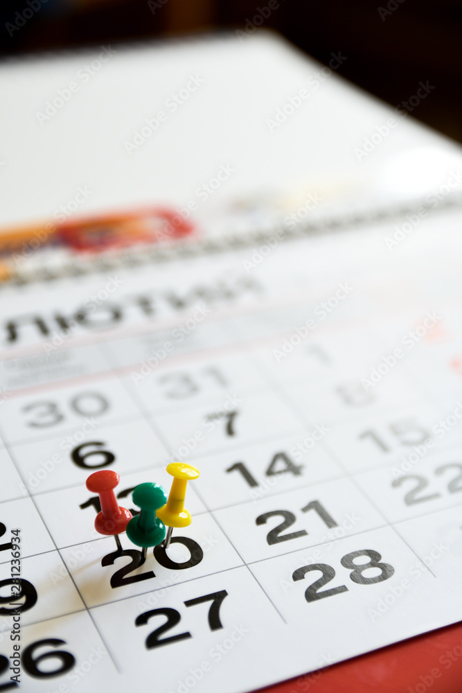 Thumbtack in calendar concept for important date or busy day, appointment and meeting reminder. Pushpin with busy day overworked schedule. Thumbtack in calendar concept for important date or busy day, appointment and meeting reminder. Pushpin with busy day overworked schedule.
