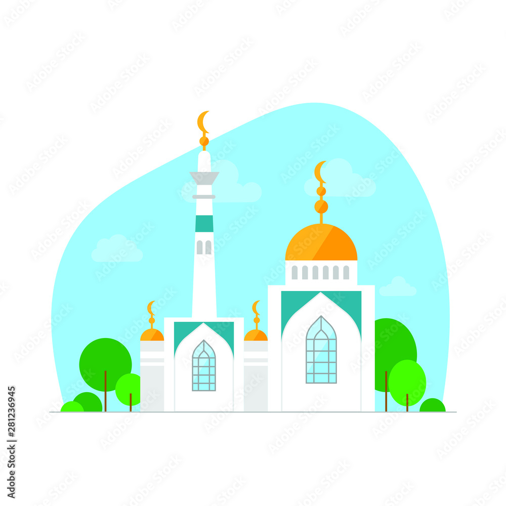 White mosque against blue sky. Flat vector on white background.