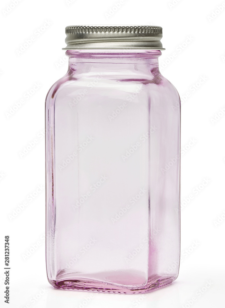 Clear empty pink glass canister or jar with silver cap isolated on white background with clipping path Clear empty pink glass canister or jar with silver cap isolated on white background with clipping path