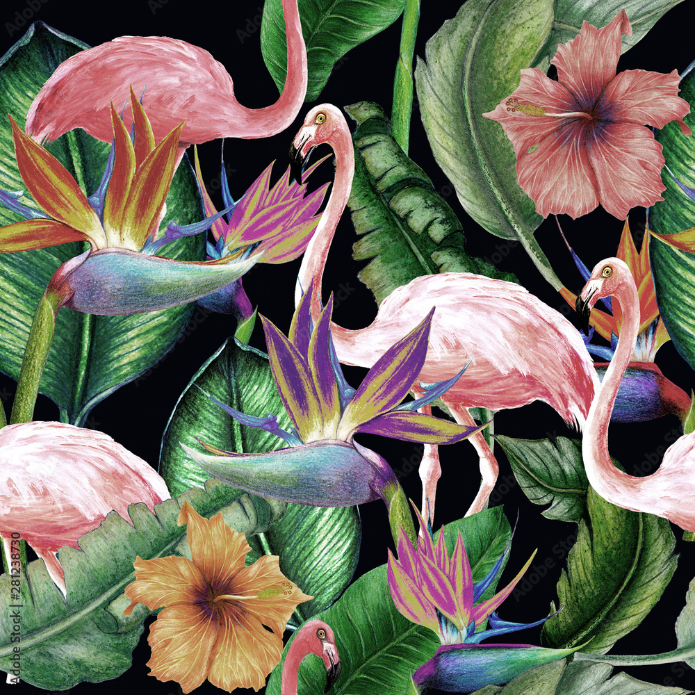 Fototapeta Seamless tropical pattern of watercolor flowers,flamingos and leaves