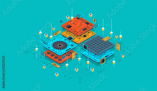 Isometric design concept virtual reality and augmented reality. software development and programming. Computation of big data center, quantum computer isometric vector technology