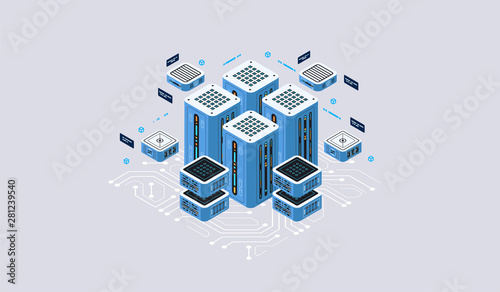 Isometric design concept virtual reality and augmented reality. software development and programming. Computation of big data center, quantum computer isometric vector technology