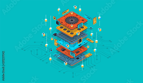 Isometric design concept virtual reality and augmented reality. software development and programming. Computation of big data center, quantum computer isometric vector technology