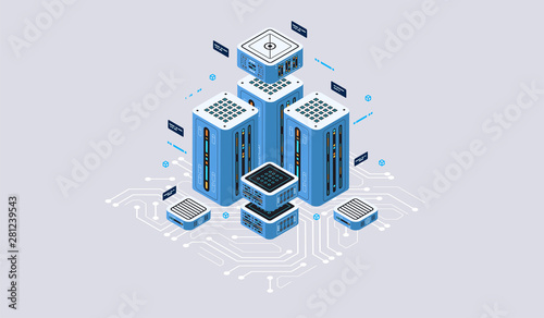 Isometric design concept virtual reality and augmented reality. software development and programming. Computation of big data center, quantum computer isometric vector technology