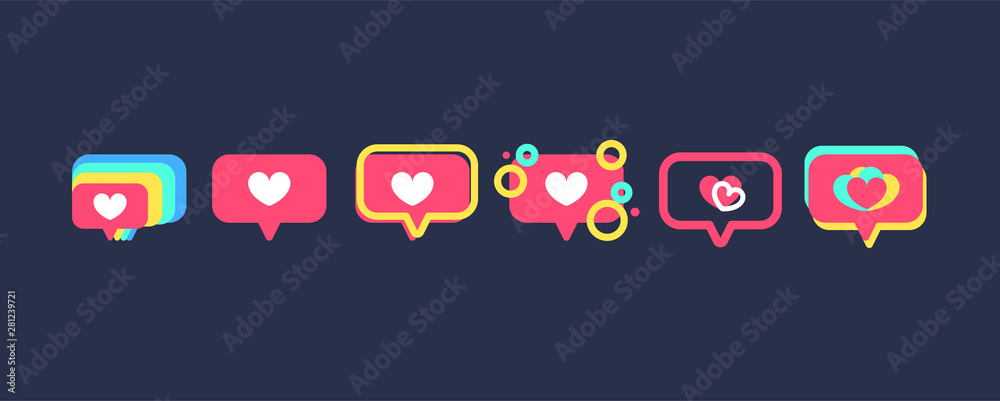 Set of Like heart icons on a red pin. Notifications icon Like, speech bubble. Set for social network. - obrazy, fototapety, plakaty 