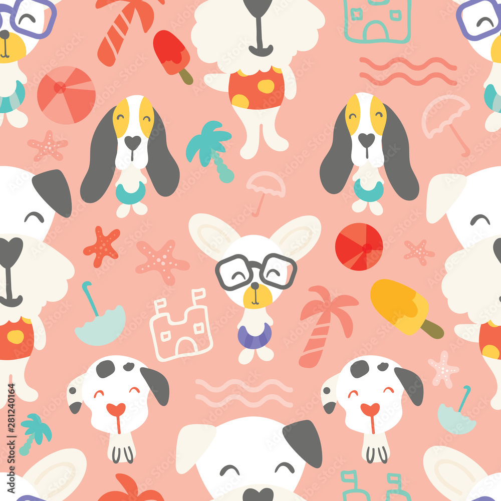 Fototapeta premium Seamless pattern of cute puppies/ dogs on vacation enjoying summer time