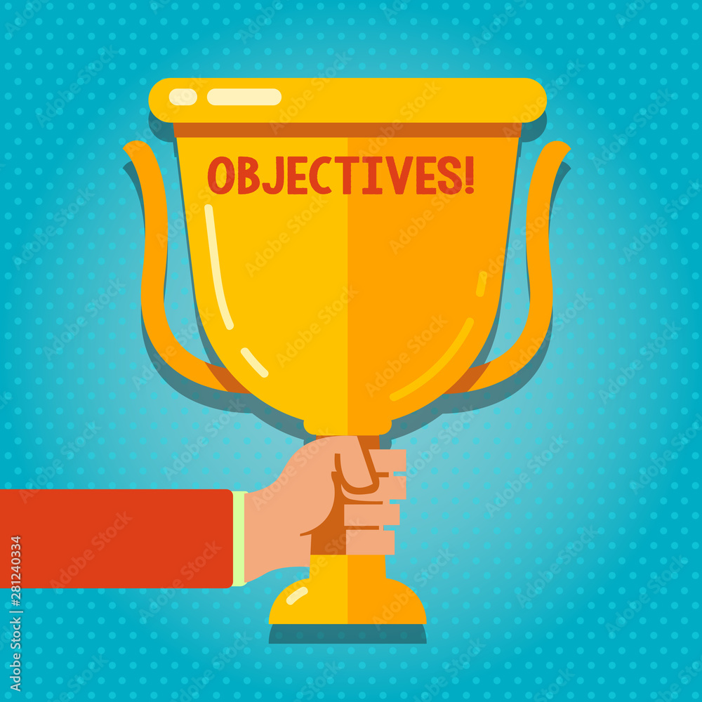 Word writing text Objectives. Business photo showcasing Goals planned to be achieved Desired targets Company missions Hand Holding Blank Golden Championship Winners Cup Trophy with Reflection Word writing text Objectives. Business photo showcasing Goals planned to be achieved Desired targets Company missions Hand Holding Blank Golden Championship Winners Cup Trophy with Reflection